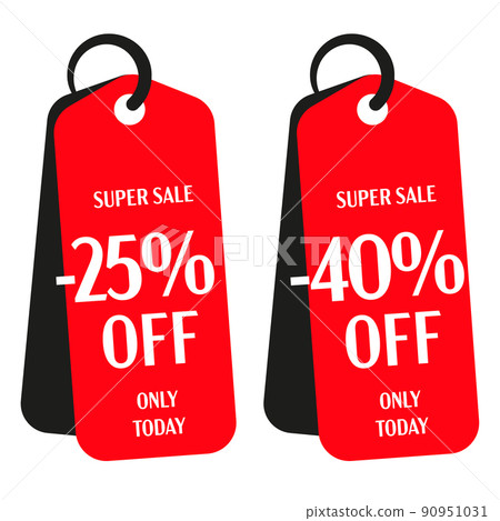 Red tag set. Minus 25 and 40 percent off super sale promotion. Single day special offer advertising. Only today product or service price clearance. Red sale tag collection isolated vector illustration 90951031
