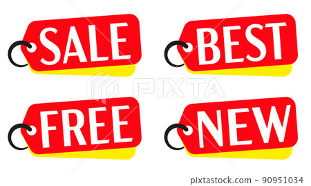 Red tag set. Sale, best, free, new headline on hanging red price tag vector illustration isolated on white background. Design template for online shop website or store in social media 90951034