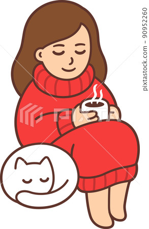 Cartoon girl in red sweater with cat and coffee 90952260