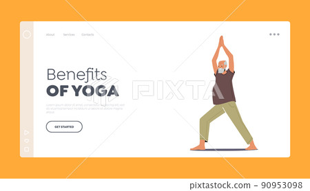 Benefits of Yoga Landing Page Template. Elderly Male Character Stand with Joined Palms in Yoga Asana Pose Benefits of Yoga Landing Page Template. Elderly Male Character Stand with Joined Palms in Yoga Asana Pose 90953098