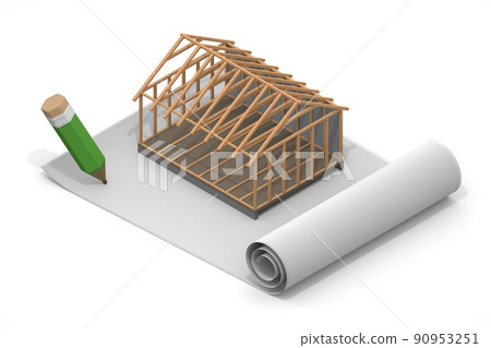 A person who works at a construction site. Blueprint of the house. Concrete wall. Housing construction work. A person who works at a construction site. Blueprint of the house. Concrete wall. Housing construction work. 90953251