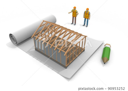 在建築工地工作的人。房子的藍圖。水泥牆。房屋建築工作。 在建築工地工作的人。房子的藍圖。水泥牆。房屋建築工作。 90953252