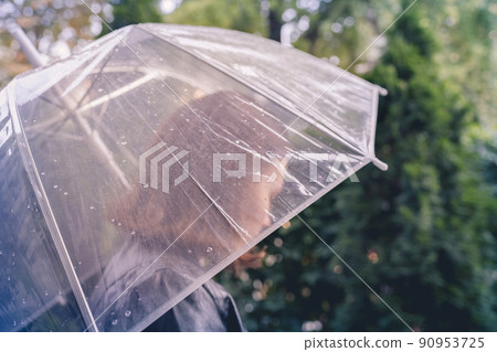 Autumn. Lonely redhead girl under a transparent umbrella with rain drops walking in a park, garden. Rainy day landscape Autumn. Lonely redhead girl under a transparent umbrella with rain drops walking in a park, garden. Rainy day landscape 90953725