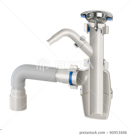 Cross section of siphon with bottle trap and pvc plastic pipes for sinks isolated on white. 90953886