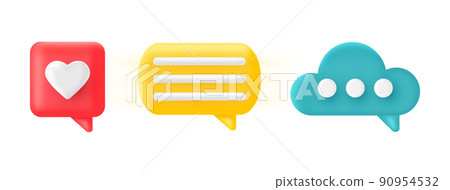 Social media 3d render icon. Like speech bubble. Online message. App mobile element. Network digital design. Emoticon symbol. Business chat. Search sign. Heart tag. Follow button. Vector illustration Social media 3d render icon. Like speech bubble. Online message. App mobile element. Network digital design. Emoticon symbol. Business chat. Search sign. Heart tag. Follow button. Vector illustration 90954532