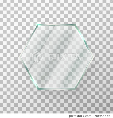 Glass hexagon frame. Mirror panel. Gloss screen effect. Digital window texture. Plastic plate mockup. Clear button. Glossy tag and badge. Shiny framework. Light rectangle banner. Vector illustration 90954536