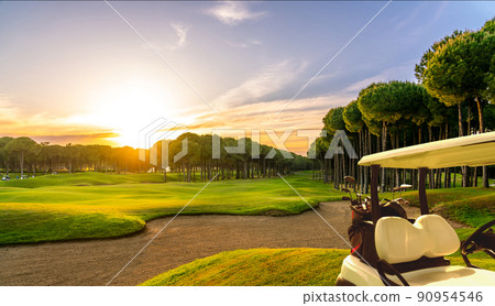 Panorama of golf cart on beautiful golf course at sunset 90954546