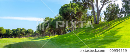 Panoramic view of beautiful golf course with buggy and pines on sunny day. Golf field with fairway, lake and pine-trees Panoramic view of beautiful golf course with buggy and pines on sunny day. Golf field with fairway, lake and pine-trees 90954559