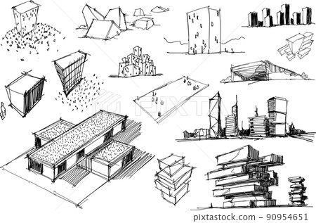many hand drawn architectectural sketches of a modern abstract architecture and detached houses and urban ideas  90954651