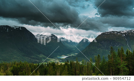 Byrkjelo Village, Sogn Og Fjordane County, Norway. Beautiful Sky Above Norwegian Rural Landscape. Bergheimsvatnet Lake In Summer Day. Agricultural And Weather Forecast Concept. 4k 90954712