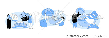 Happy People Eating Bakery. Tiny Men and Women with Huge Bread and Pastry. Male Character Holding Baked Sweet Bun Happy People Eating Bakery. Tiny Men and Women with Huge Bread and Pastry. Male Character Holding Baked Sweet Bun 90954739