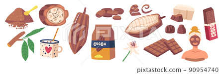 Set Chocolate and Cocoa Production Beans, Powder, Hot Drink and Cosmetics Mask. Sweets, Oil, Beverage, Plant with Leaves Set Chocolate and Cocoa Production Beans, Powder, Hot Drink and Cosmetics Mask. Sweets, Oil, Beverage, Plant with Leaves 90954740
