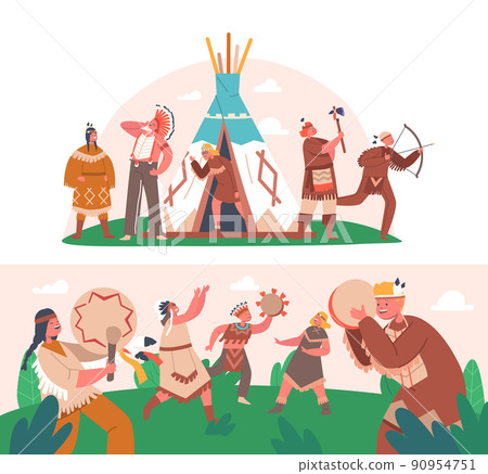 Kids in Native Indian Costume and Feathered Headdress. Characters Playing American Indians on Field, Run and Fooling 90954751