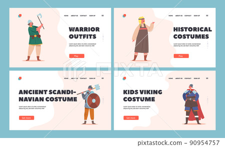 Children in Viking Costumes Landing Page Template Set. Little Boys and Girls Characters Wear Antique Suits Hold Armor 90954757