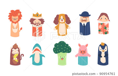 Finger Puppets Funny Animals Lion, Monkey, Dog and Pig with Shark and Penguin. King, Broccoli, Girl and Man Characters Finger Puppets Funny Animals Lion, Monkey, Dog and Pig with Shark and Penguin. King, Broccoli, Girl and Man Characters 90954761