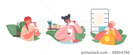 Happy Kids Characters Brush Teeth. Children Dental Care, Oral Hygiene in Bathroom. Kids with Toothbrush and Paste 90954766