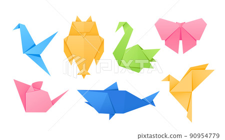 Set of Origami Animals and Birds, Crane, Owl, Swan and Butterfly, Mouse, Shark and Colibri Isolated on White Background 90954779