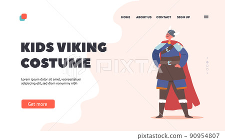 Kids Viking Costume Landing Page Template. Boy Character Wear Horned Helmet, Boots and Cape. Child in Scandinavian Suit Kids Viking Costume Landing Page Template. Boy Character Wear Horned Helmet, Boots and Cape. Child in Scandinavian Suit 90954807
