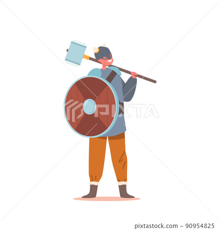 Kid in Viking Suit, Scandinavian Warrior Boy Character Wear Helmet Holding Wooden Shield and Hammer, Nordic Personage Kid in Viking Suit, Scandinavian Warrior Boy Character Wear Helmet Holding Wooden Shield and Hammer, Nordic Personage 90954825