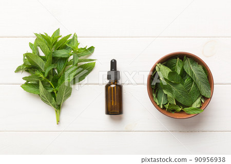 Natural Mint Essential Oil in a Glass Bottle. organic cosmetics with herbal extracts of mint on colored background Natural Mint Essential Oil in a Glass Bottle. organic cosmetics with herbal extracts of mint on colored background 90956938