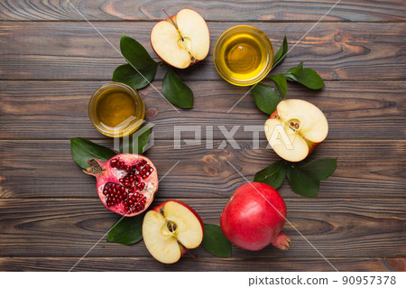 Flat lay composition with symbols jewish Rosh Hashanah holiday attributes on colored background, Rosh hashanah concept. New Year holiday Traditional. Top view with copy space 90957378