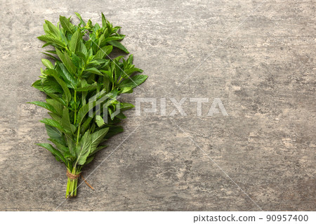 Fresh mint bunch on colored table. Top view with copy space Fresh mint bunch on colored table. Top view with copy space 90957400