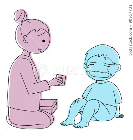 照顧膝蓋受傷哭泣的孩子的母親 90957731