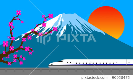 Stylized drawing of Mount Fuji with a cherry blossom tree, a beautiful sun and below the Japanese fast train 90958475