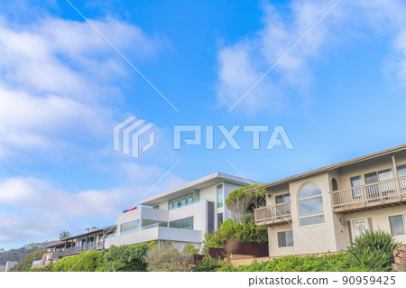 Low angle view of buildings with railings on the balconies at La Jolla, San Diego, California 90959425