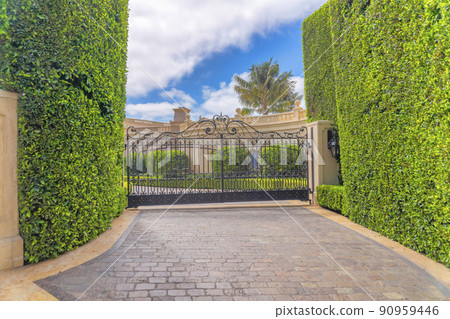 Wrought iron gate and shrub wall at La Jolla, San Diego, California Wrought iron gate and shrub wall at La Jolla, San Diego, California 90959446