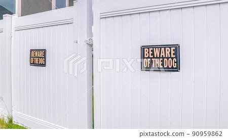 Panorama White vinyl fence gate with two beware of dog the signages Panorama White vinyl fence gate with two beware of dog the signages 90959862