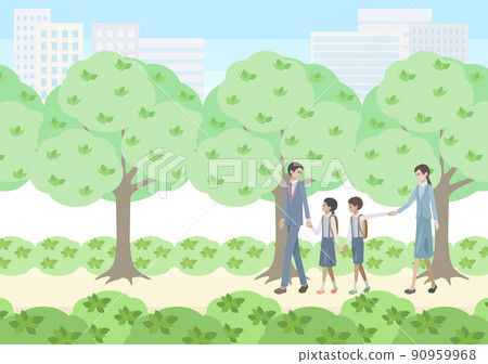 Men and women and elementary school students walking on a green road with the city in the background 90959968