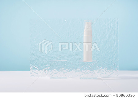 Medical skincare and cosmetic cream mockup on acryilc block pedestal podium and ribbed plate. Lotion, concealer beauty product packaging. Product presentation 90960350