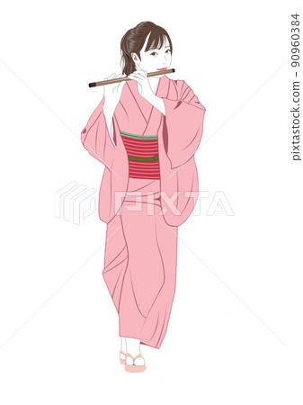 Illustration of a woman in a kimono blowing a flute Illustration of a woman in a kimono blowing a flute 90960384