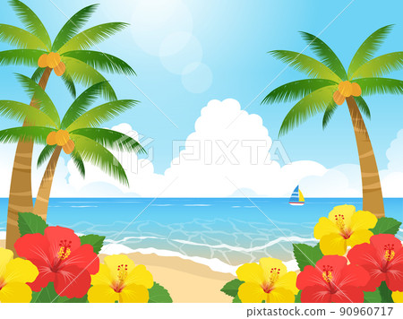 Hibiscus, palm trees and seascape 90960717