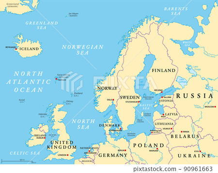 Northern Europe, political map. British Isles, Fennoscandia, Jutland peninsula, Baltic plain lying to the east, and the islands offshore from mainland Northern Europe and the main European continent. 90961663
