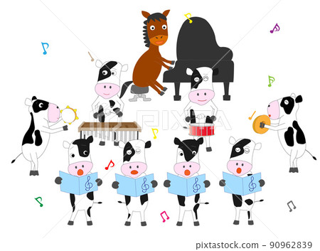馬和牛在唱歌和演奏樂器。 90962839