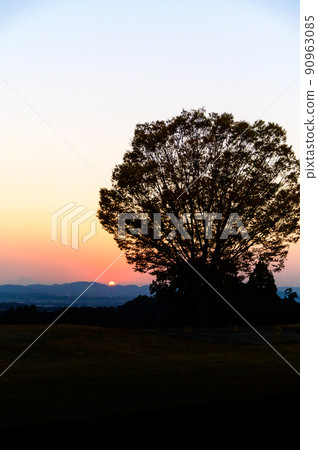 Beautiful sunset scenery "Sunset scenery seen from the tourist attraction Kikuchi Castle Park" 90963085