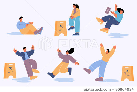 Set of people slip on wet floor or stumble, vector Set of people slip on wet floor or stumble, vector 90964054