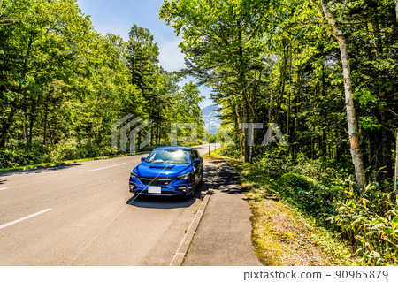 A blue car parked on a road in the forest. Biei Town, Hokkaido. Early summer June A blue car parked on a road in the forest. Biei Town, Hokkaido. Early summer June 90965879