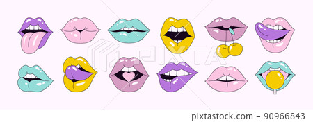 Lips Set in Pop Art 90's Style. Vector Illustration Women's Mouths in Different Emotions for Stickers, Logos, Patches 90966843