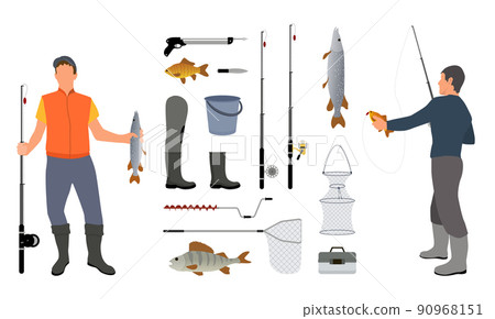 Successful Fishers Holding Haul and Fishing Tools 90968151