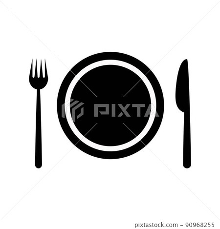 Fork and knife round shape icon logo. Simple flat shape sign. Restaurant cafe kitchen diner place menu symbol. Vector illustration image. Isolated on white background. 90968255