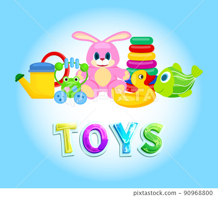 Toys Collection Isolated on Blue Vector Poster Toys Collection Isolated on Blue Vector Poster 90968800
