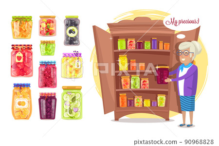 Cheerful Granny with Preserved Food in Cupboard 90968828