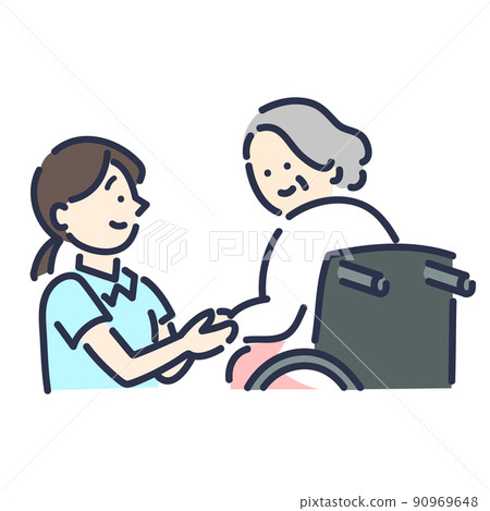 護理人員和祖母手牽手的彩色插圖 90969648