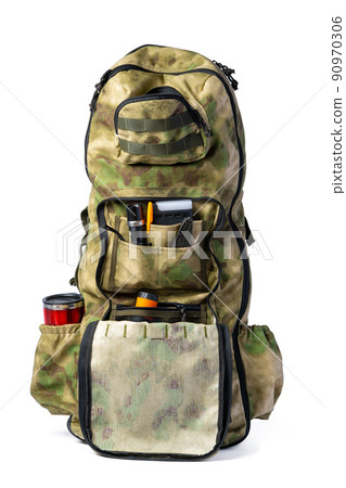 Open military backpack of khaki color on a white background Open military backpack of khaki color on a white background 90970306