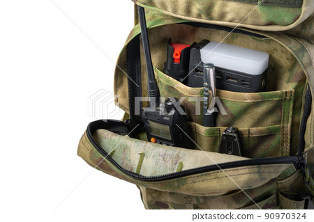 Open military backpack of khaki color on a white background Open military backpack of khaki color on a white background 90970324