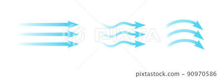 Air flow. Set of blue arrows showing direction of air movement. Wind direction arrows. Blue cold fresh stream from the conditioner. Vector illustration isolated on white background 90970586