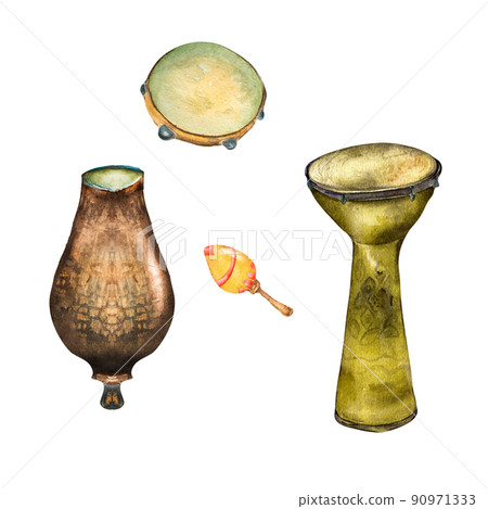 Set of percussion musical instruments watercolor illustration isolated. Set of percussion musical instruments watercolor illustration isolated. 90971333